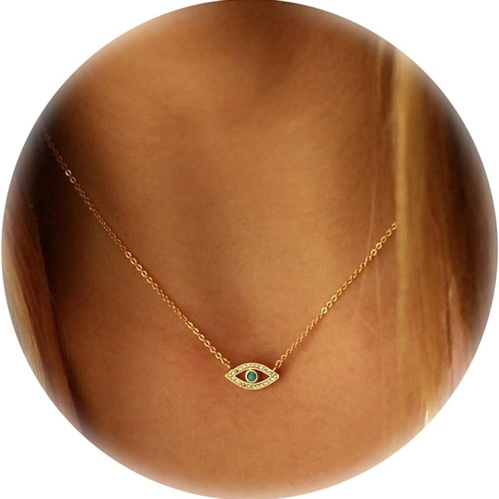 14K Gold Heart Pendant Necklace Dainty Evil Eye Crescent Moon Jewelry